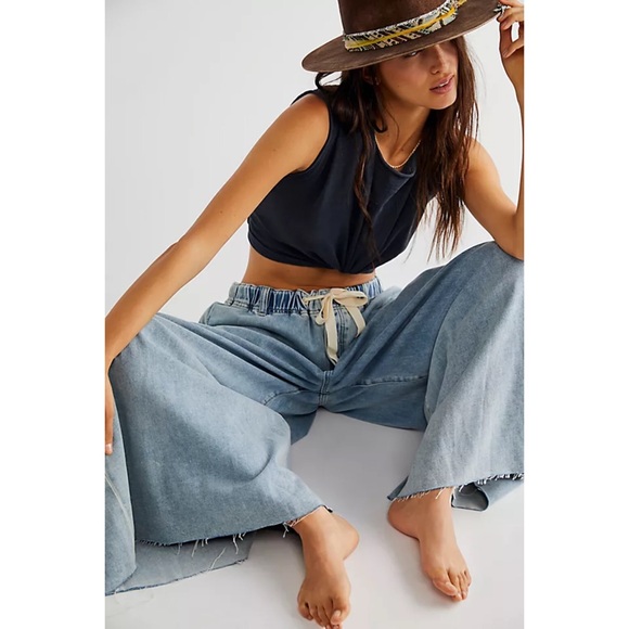 Free People We The Free Clover Wide-Leg Solid Jeans Whimsy Blue - Picture 3 of 9